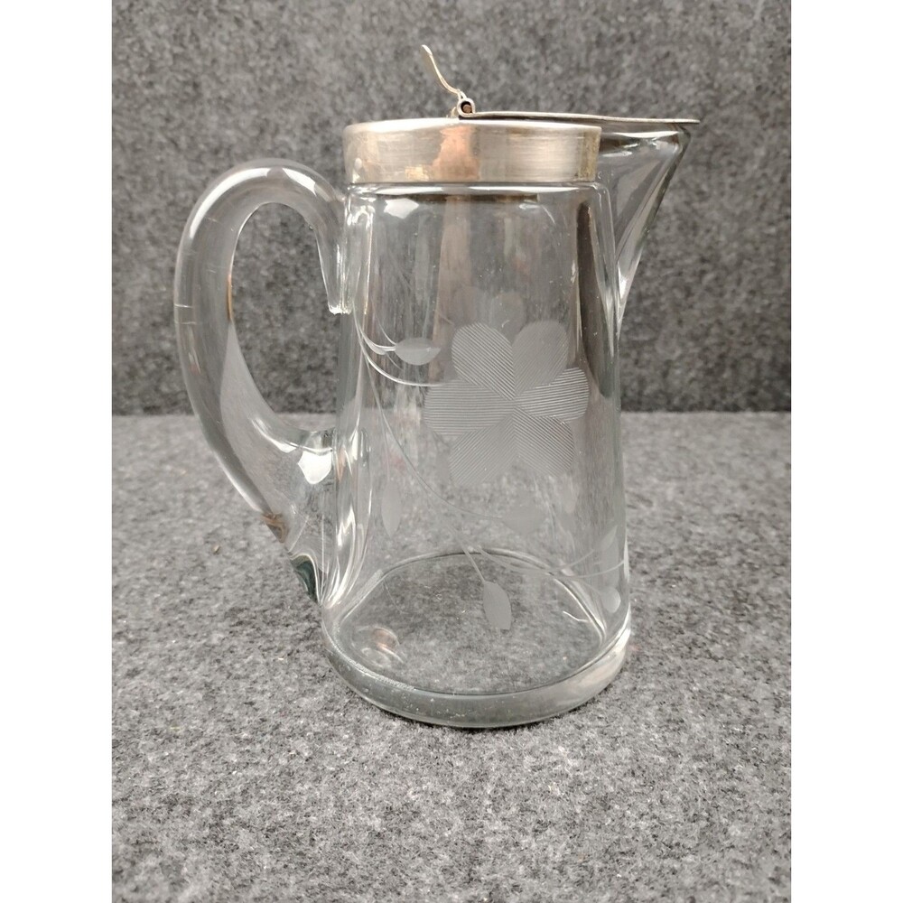 Vintage Antique Heisey Glass Floral Etched Creamer Syrup Pitcher with Metal Lid